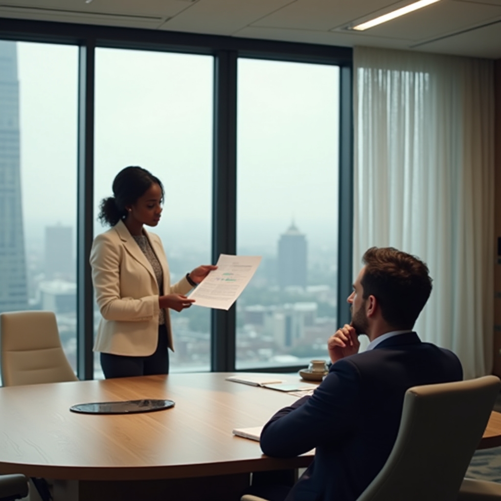 Content marketing manager presenting a summary document to a leadership stakeholder