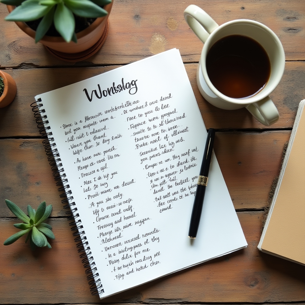 A workshop worksheet and template laid out on a wooden table with pen and notes